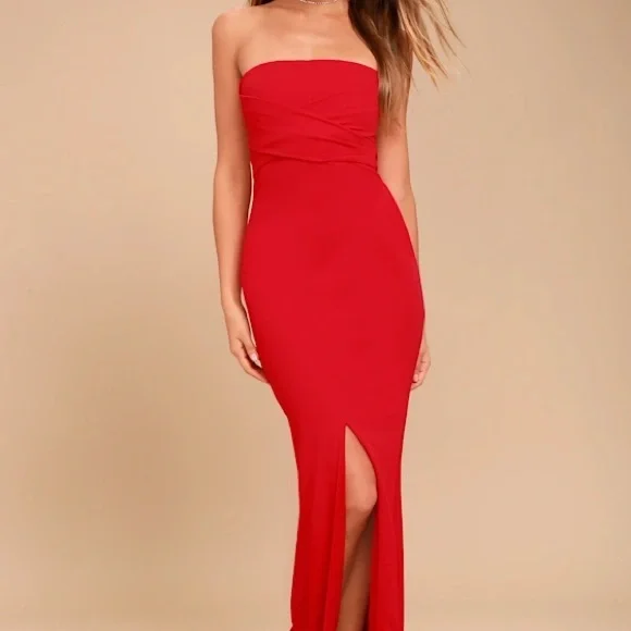 Lulu's Bold Red Strapless Evening Gown with Front Slit - Picture 1 of 4